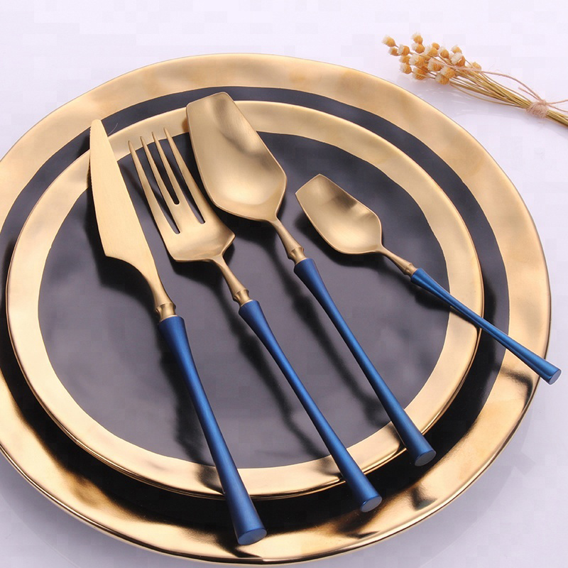 Kék nyél festés, vékony derék stílusú étkészlet, arany rozsdamentes acél evőeszköz készlet